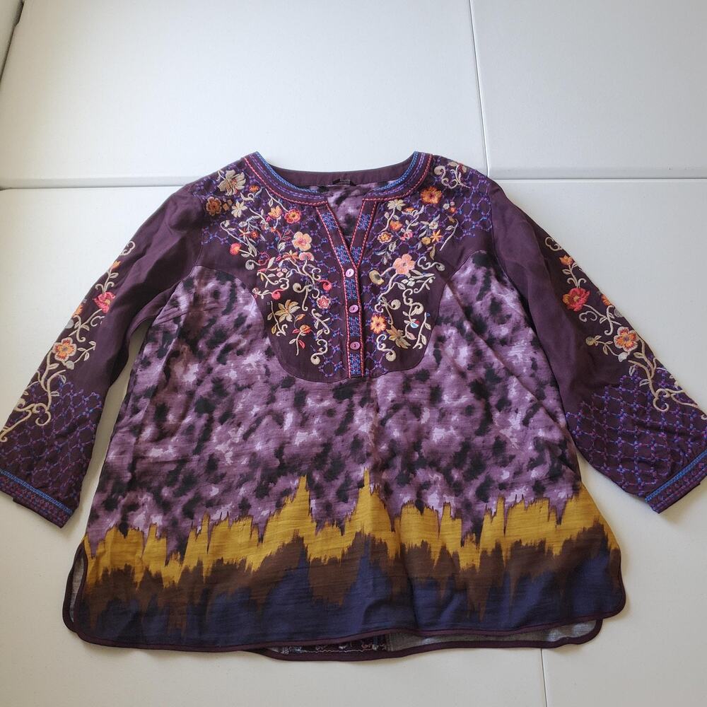 John Mark Tunic Blouse Womens Large Purple Embroidered Floral Henley Boho Top